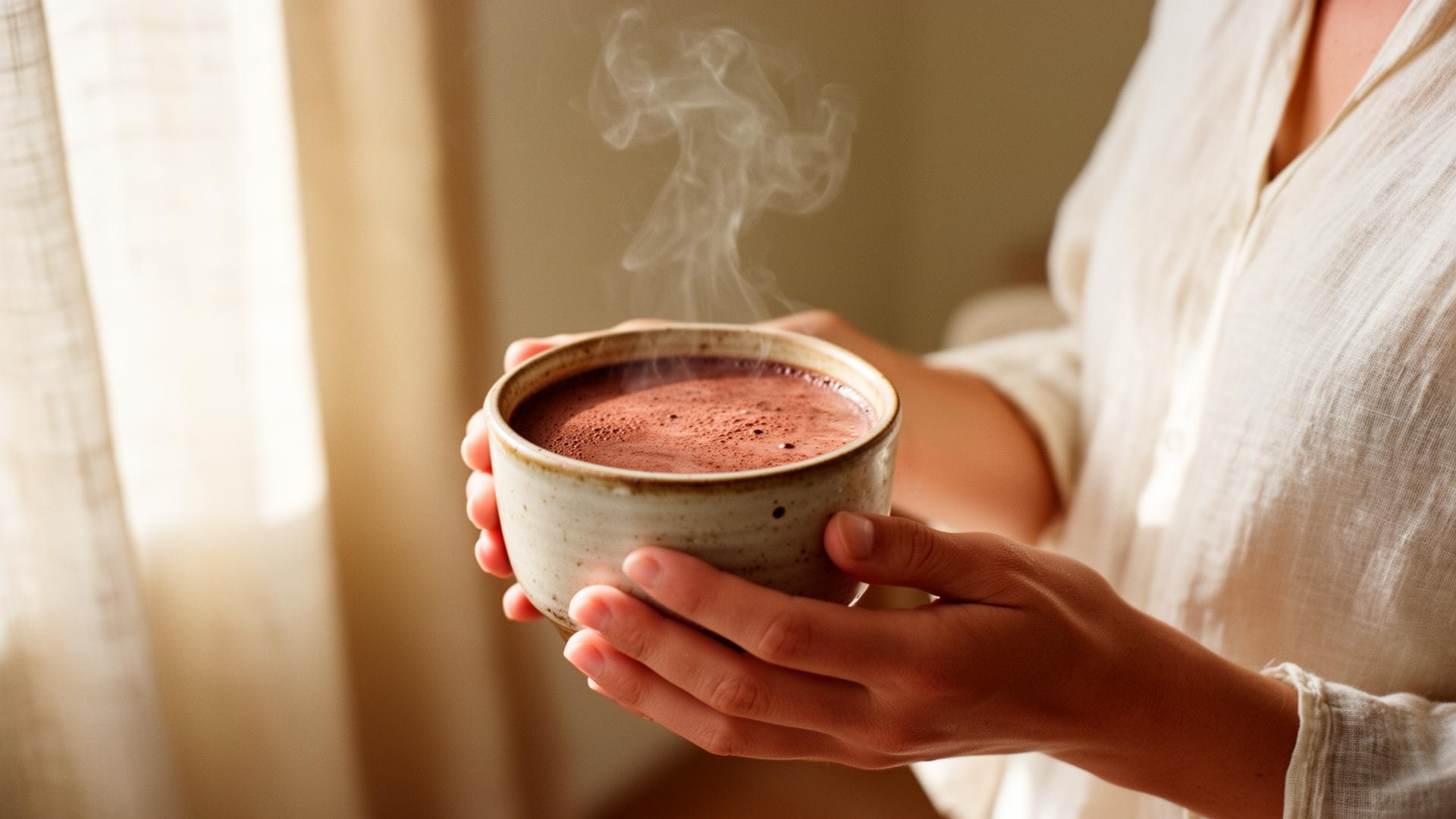 Vrouw houdt een keramische kop cacao vast in zacht ochtendlicht